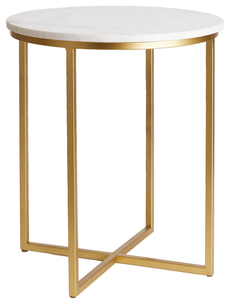 Contemporary Classic White Marble Gold Metal Accent table 17.5 in Round Brass
