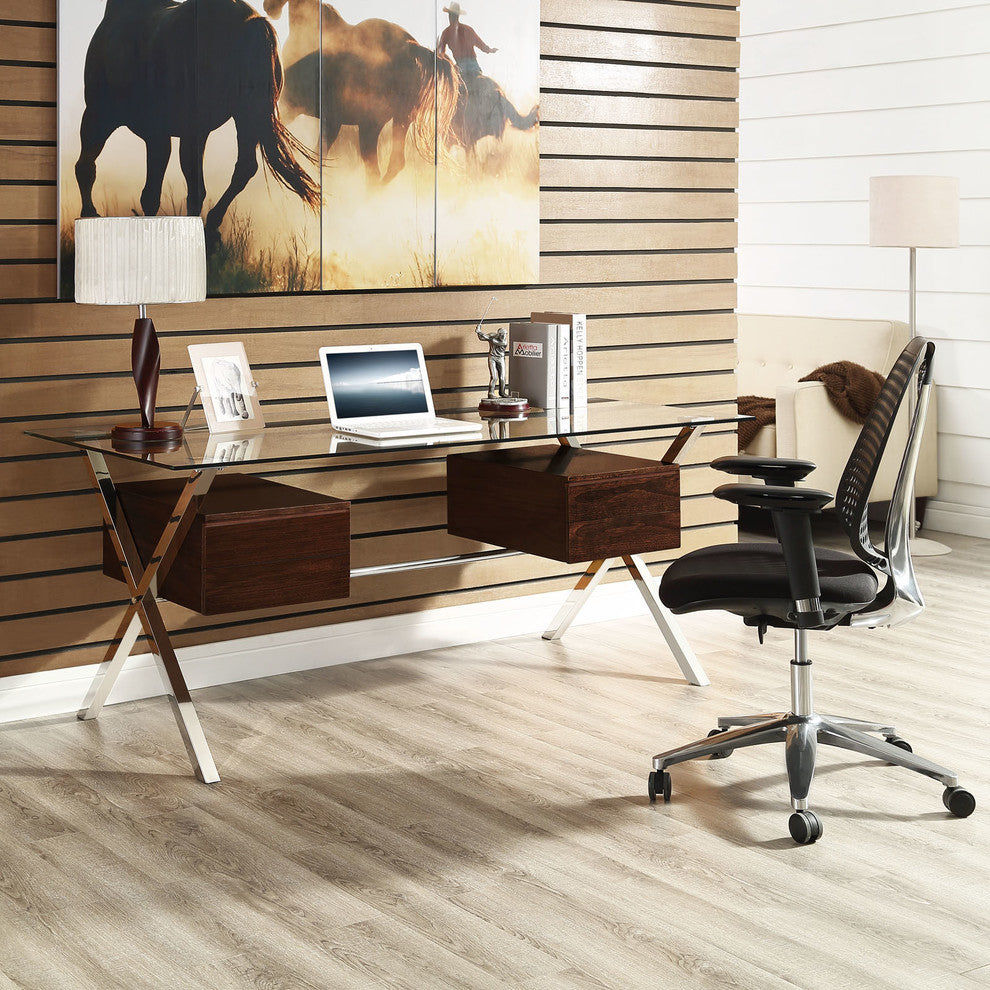 Modern Contemporary Office Desk, Walnut Glass