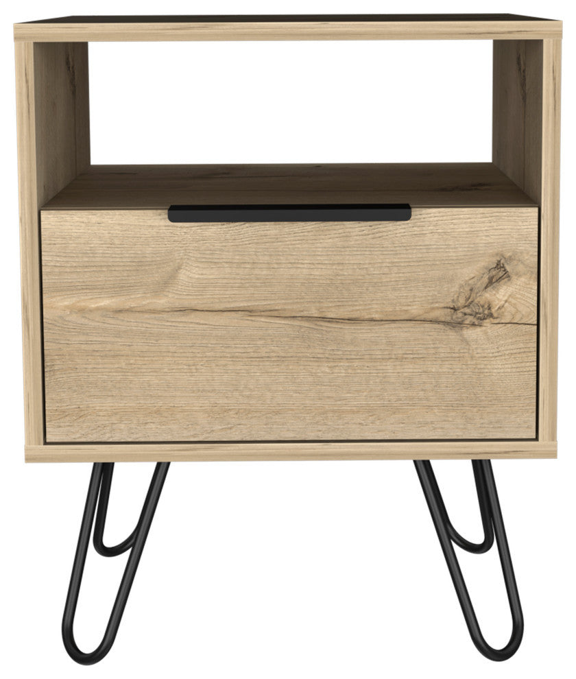 Vienna Contemporary Bedroom Nightstand with Cabinet and Hairpin Legs, Light Oak