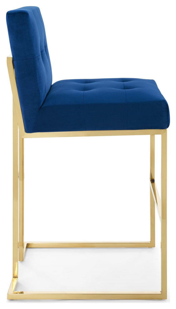 Navy Blue Velvet Bar Stool, Heidi Giselle Gold Barstool, Luxe Glam Golden Tufted