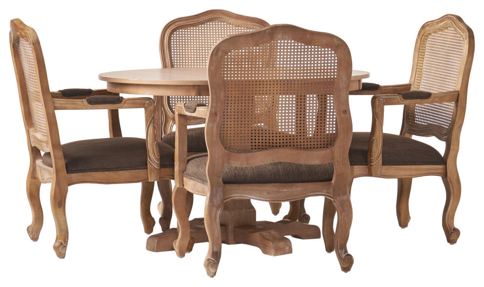 Absaroka French Country Fabric Wood and Cane 5-Piece Dining Set, Natural/Brown