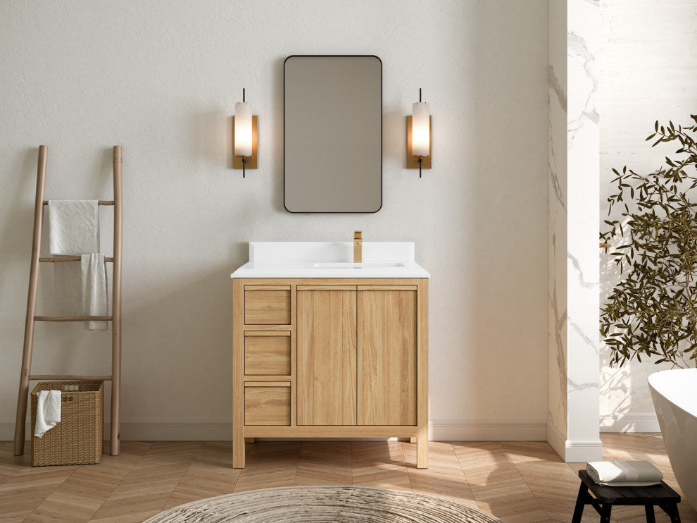 Elizabeth 36 Right Offset Bath Vanity in Light Natural Teak 1.5" White Quartz