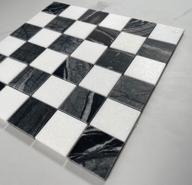 Silver Wave Black Forest Thassos White Marble Checkerboard Tile Honed, 1 sheet