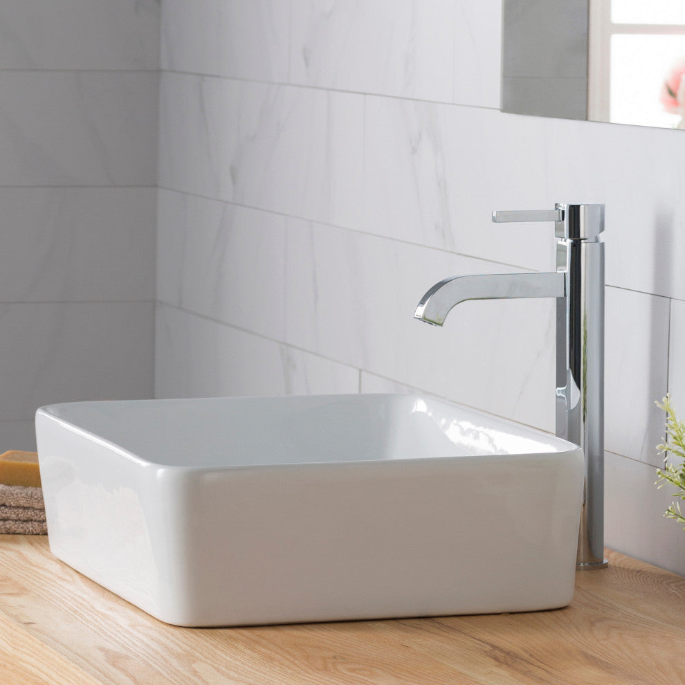 Elavo Square Ceramic Vessel Sink, Bathroom Ramus Faucet, PU Drain, Chrome
