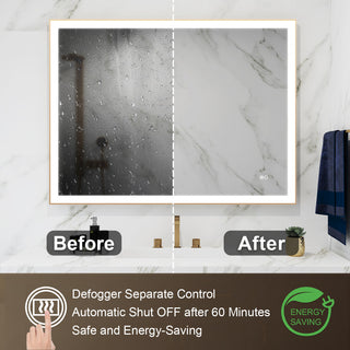 Framed LED Lighted Bathroom Vanity Mirror With Defogger, Gold, 48"x36"