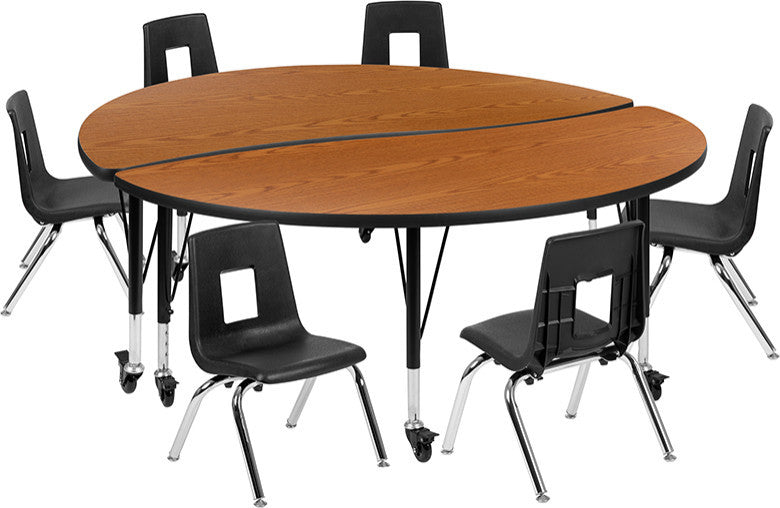 Mobile 60" Circle Wave Activity Table Set with 14" Student Stack Chairs, Oak