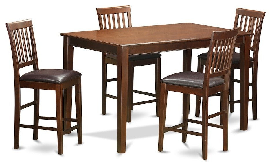 5-Piece Counter Height Table Set, Pub Table and 4 Bar Stools, Mahogany Leather