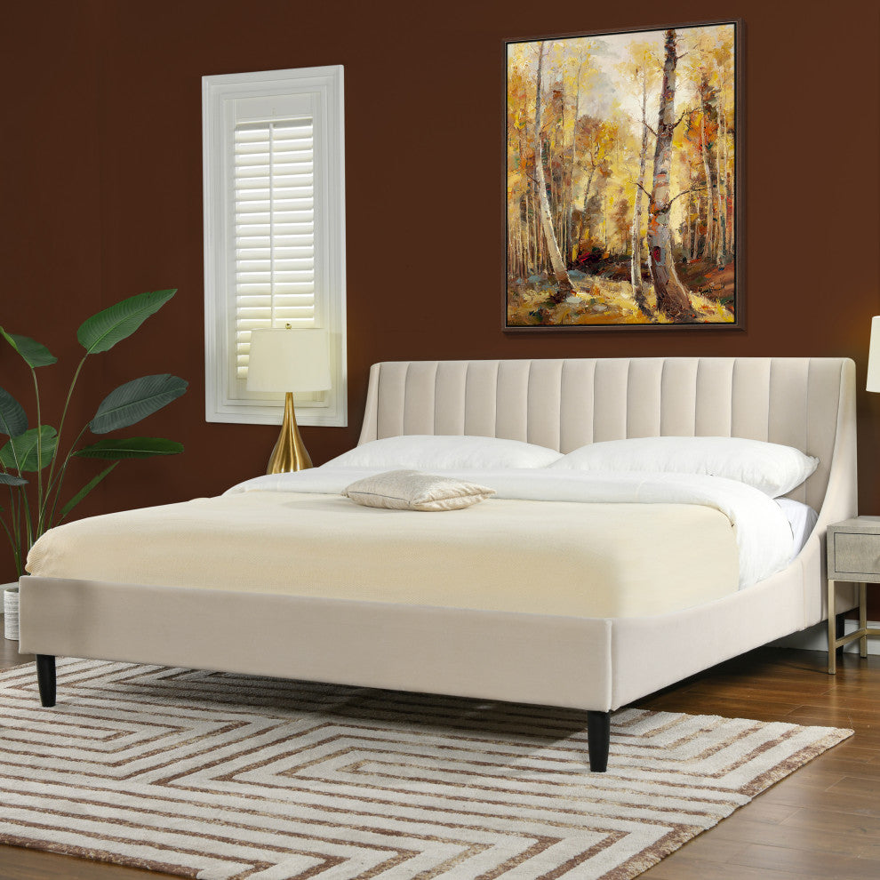 Aspen Modern Vertical Tufted Upholstered Platform Bed, French Beige Performance Velvet, King