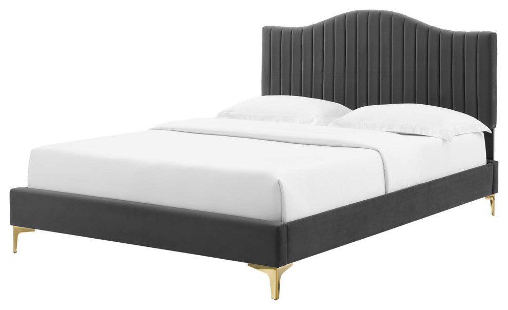 Tufted Platform Bed Frame, Full Size, Velvet, Gray, Modern Contemporary