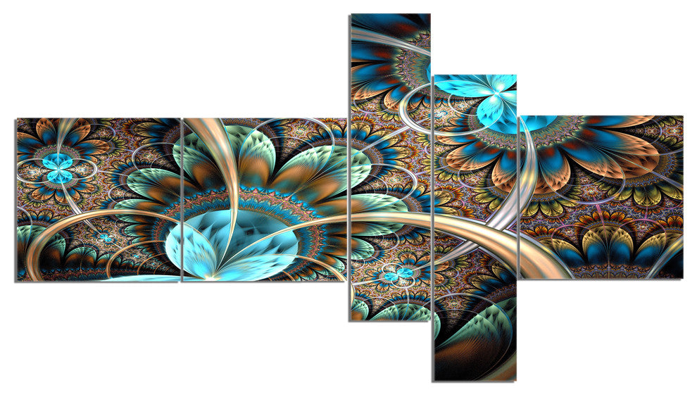 Light Blue Fractal Flower, Floral Art Canvas Print, 60"x32", 5 panels