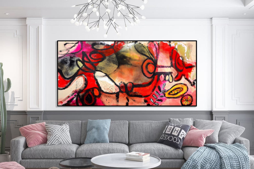 Red black minimal abstract painting, huge oversized abstract artwork