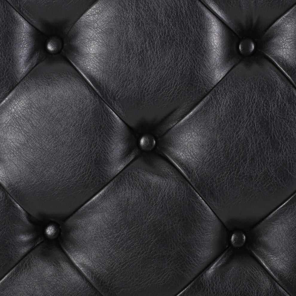 Baynes Faux Leather Tufted Wood Round Ottoman, Open Shelf, Midnight + Espresso