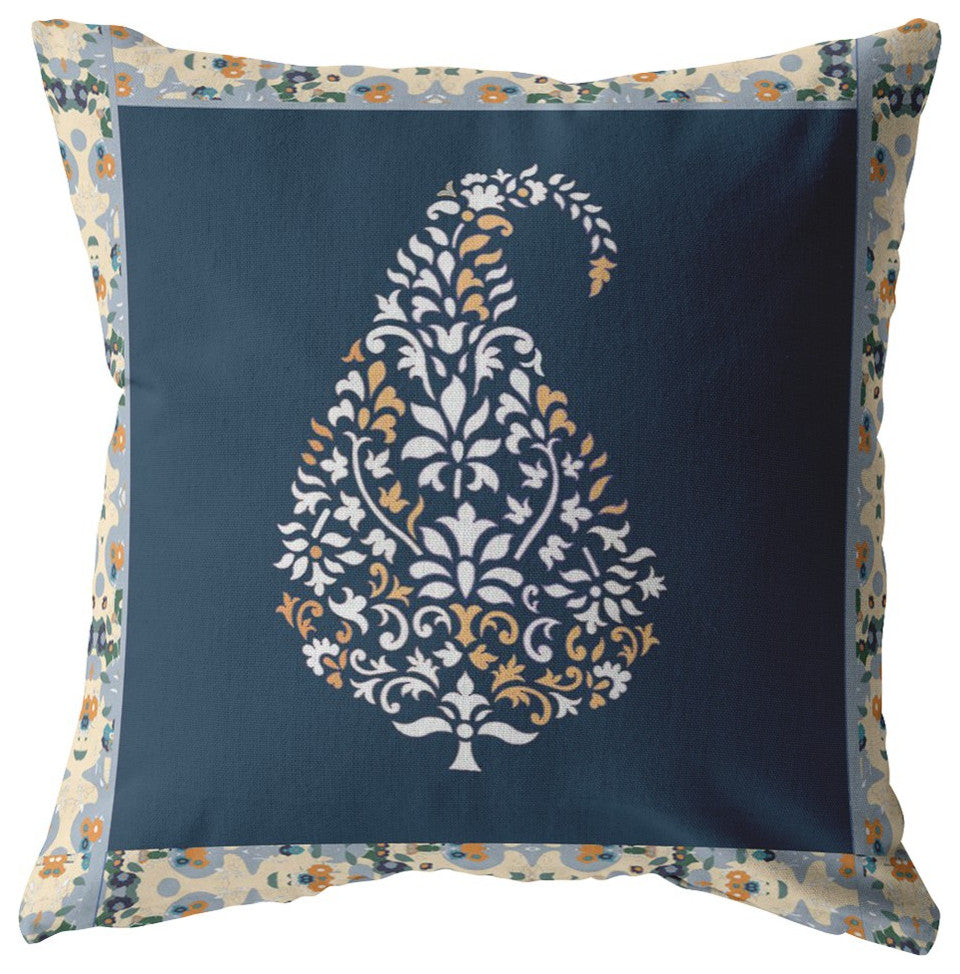 16 Orange Navy Paisley Suede Decorative Throw Pillow