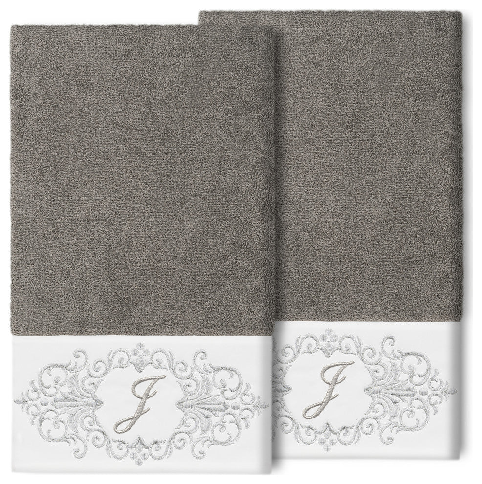 Linum Home Turkish Cotton Monica 2-Piece Embellished Bath Towel Set, Dark Gray