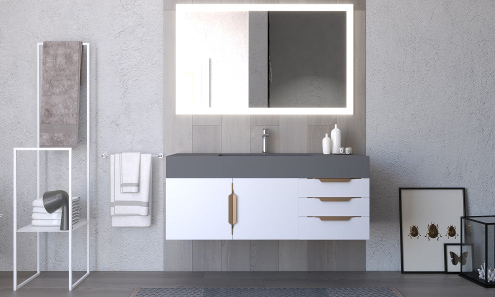 CastelloUSA Amazon 48" Wall Mounted Vanity Set, White, Gray Top, Gold Handles