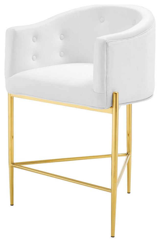 Tufted Counter Stool Chair, Set of 2, Velvet, Metal, White, Modern, Bar Pub