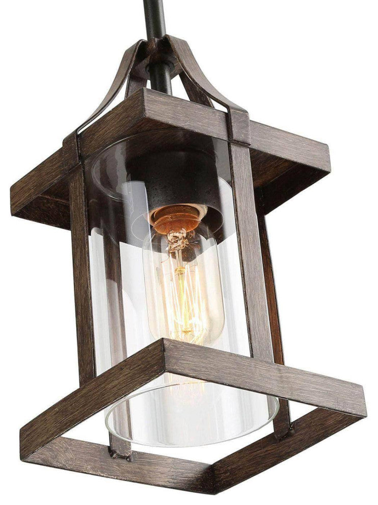 LALUZ 1-Light Antique Brown Wood and Clear Glass Mini Lantern Pendant Lighting