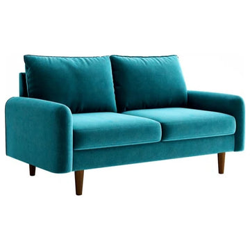 Retro Modern Velvet Loveseat with Tapered Wood Legs and Comfy Upholstered Seat, Dark Cyan