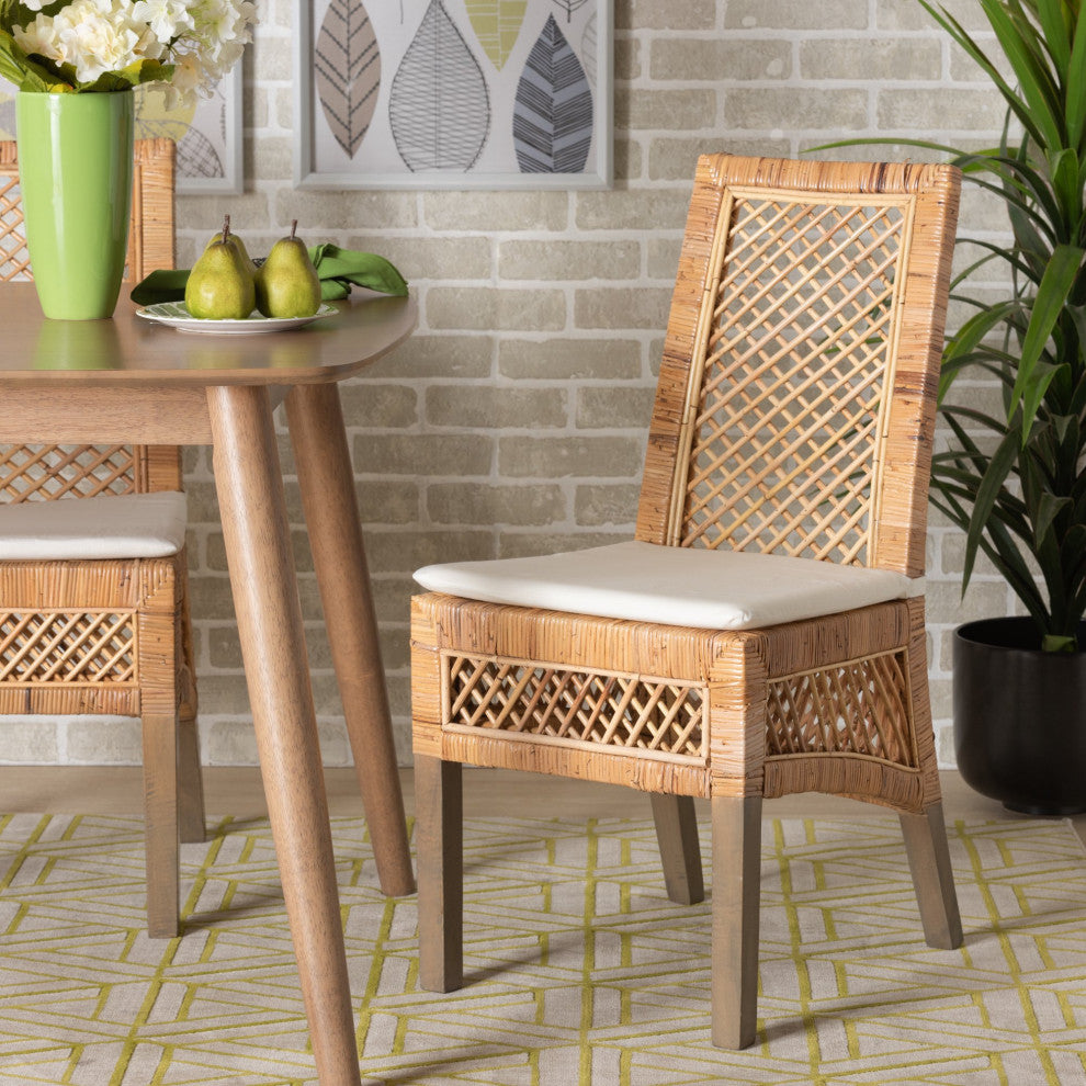 2 Pack Dining Chair, Unique Lattice Rattan Covered Frame & White Cushioned Seat