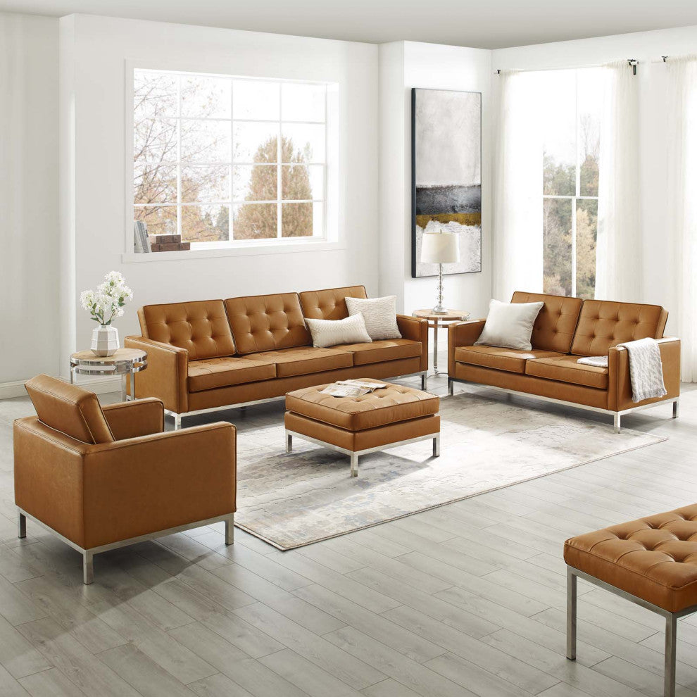 Tufted Armchair and Loveseat Sofa Set, Faux Leather, Silver Tan, Modern, Lounge