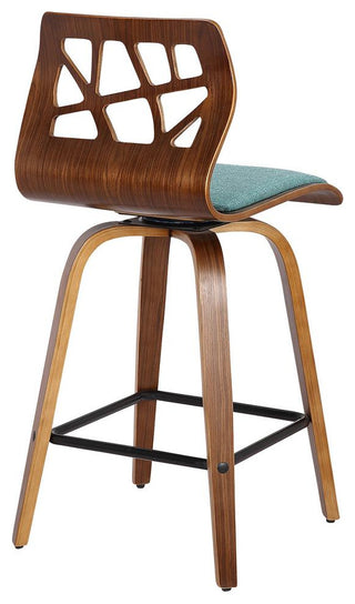 Folia Mid-Century Modern Counter Stool in Walnut Wood and Teal Fabric - Set of 2