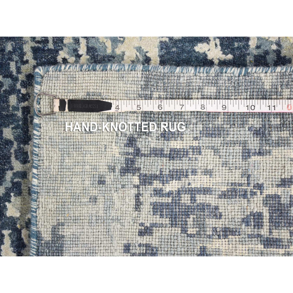 Hand Knotted Denim Blue Abstract Design Wool and Real Silk Runner Rug 3'8"x17'2"