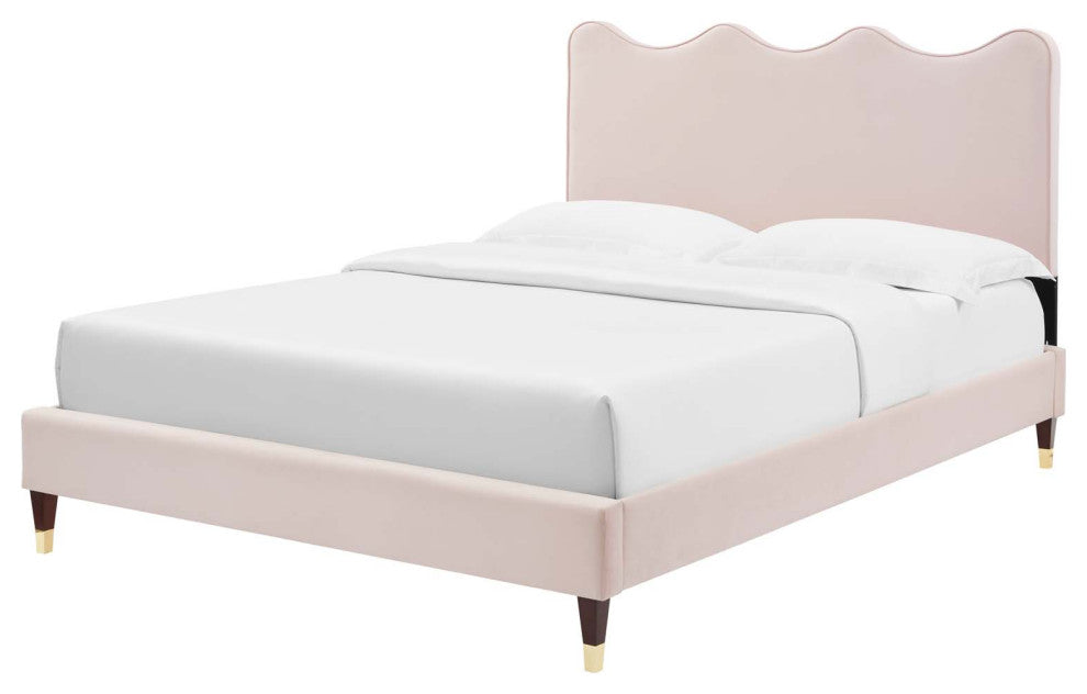 Platform Bed Frame, Queen Size, Pink, Velvet, Modern, Bedroom Guest Suite