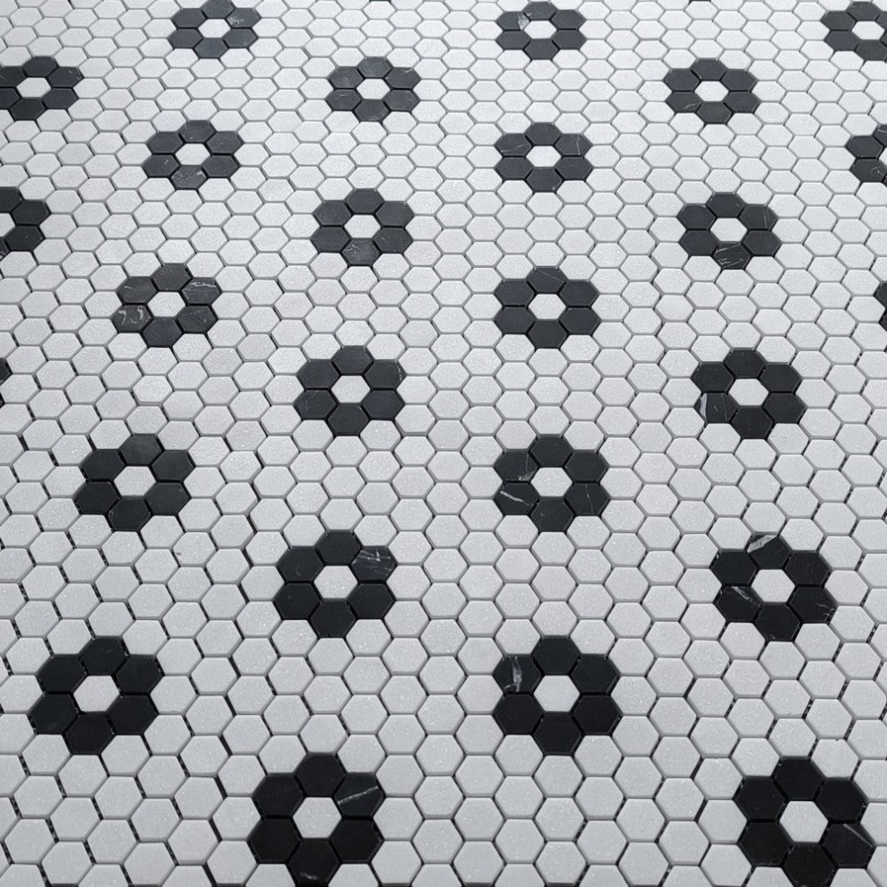 Thassos White Marble Hexagon Rosette Mosaic Tile Nero Marquina Black, 1 sheet