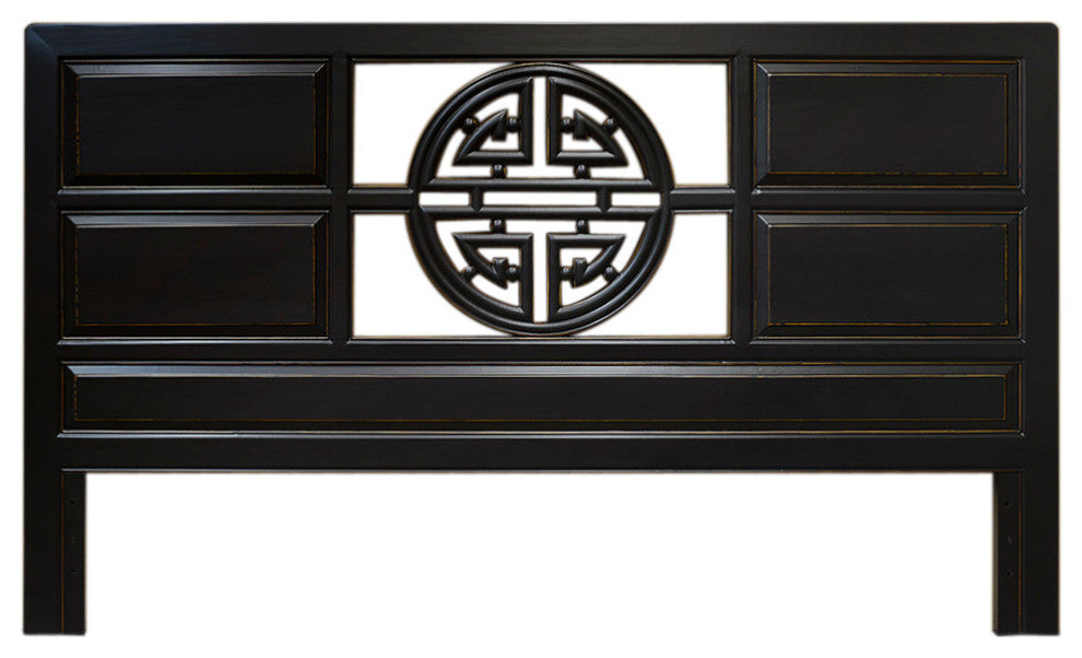 Distressed Black Elmwood King Size Longevity Asian Headboard