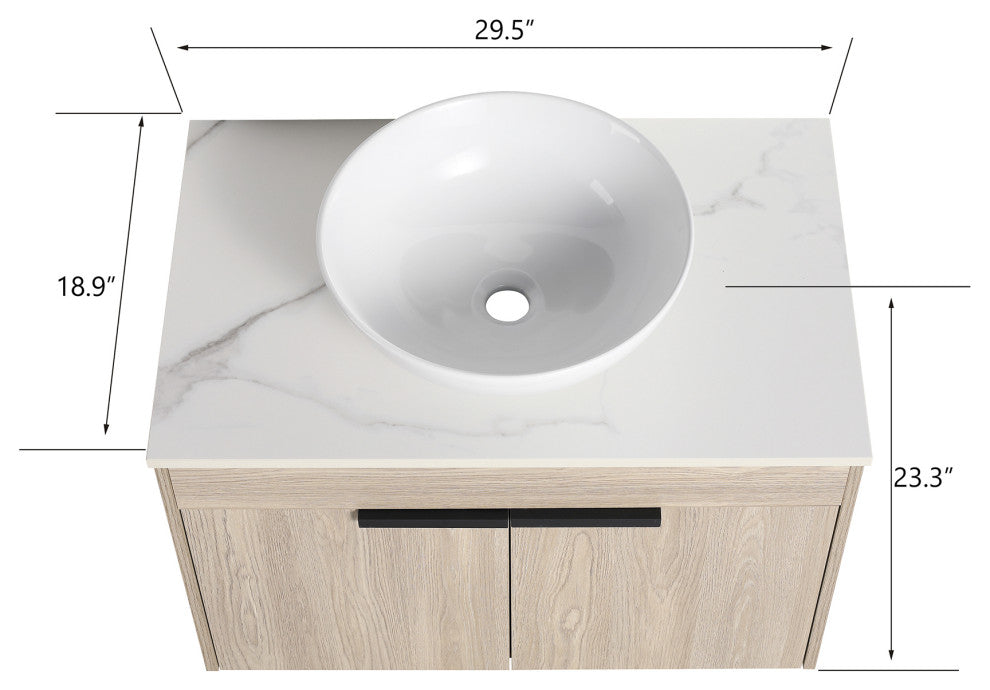 Wall-Mounted Bath Vanity, White Oak, White Ceramic Vessel Sink