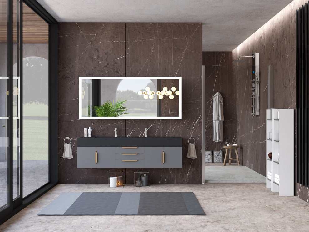 CastelloUSA Nile 72" Wall Mounted Bathroom Vanity Set, Gray, Black Top, Gold Handles