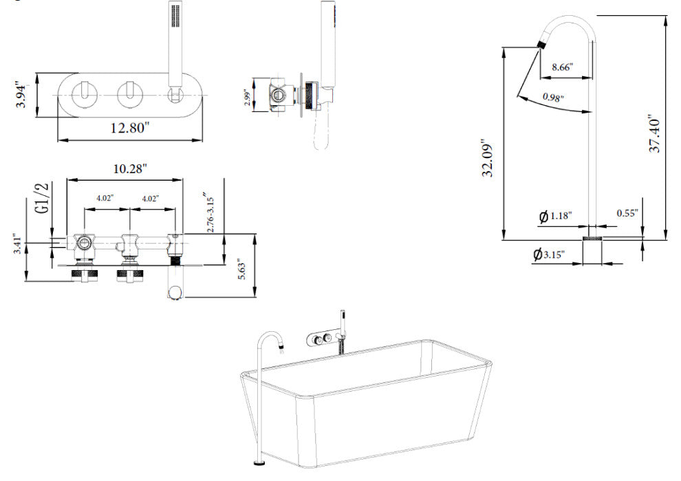 Freestanding Tub Filler with Wall Mounted Handles, Diverter and Handshower