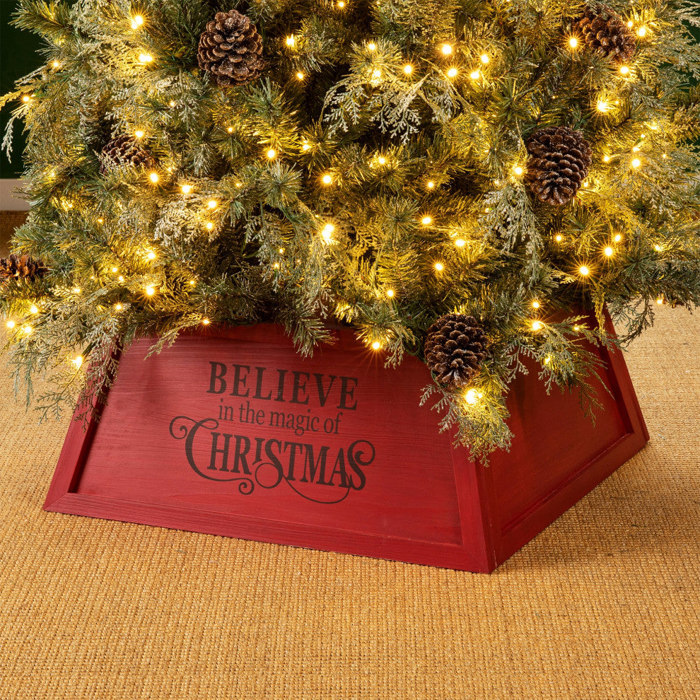 Red Trapezoid "Believe in the Magic" Christmas Tree Collar, 32"x32"