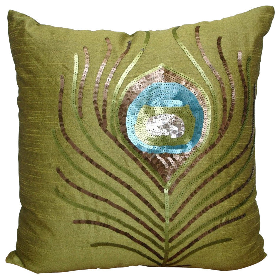 Peacock Feather Green Art Silk Pillow Covers 16"x16", Green Peacock Feather