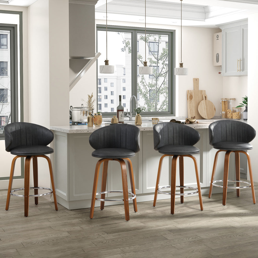 Swivel Counter Stool, Wood Bar stools, Pu Leather, Set of 2, Mid-Century Modern, Gray, 26''