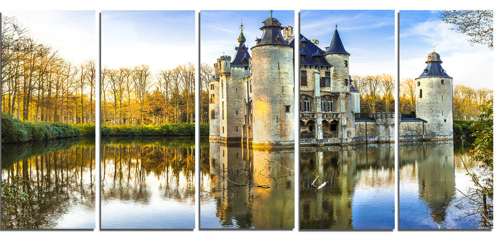 Fairytale Medieval Castles, Landscape Canvas Art Print, 60"x28", 5 Panels