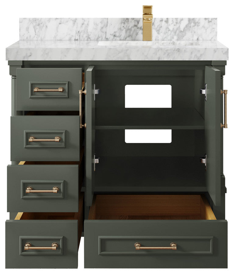 Aberdeen 36 Right Offset Bath Vanity in Pewter Green 2" Carrara Marble
