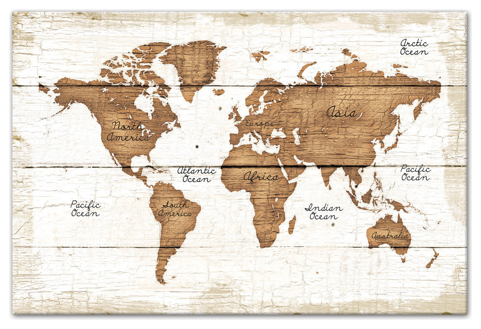 Distressed Wood World Map Canvas Wall Art, 24"x36"