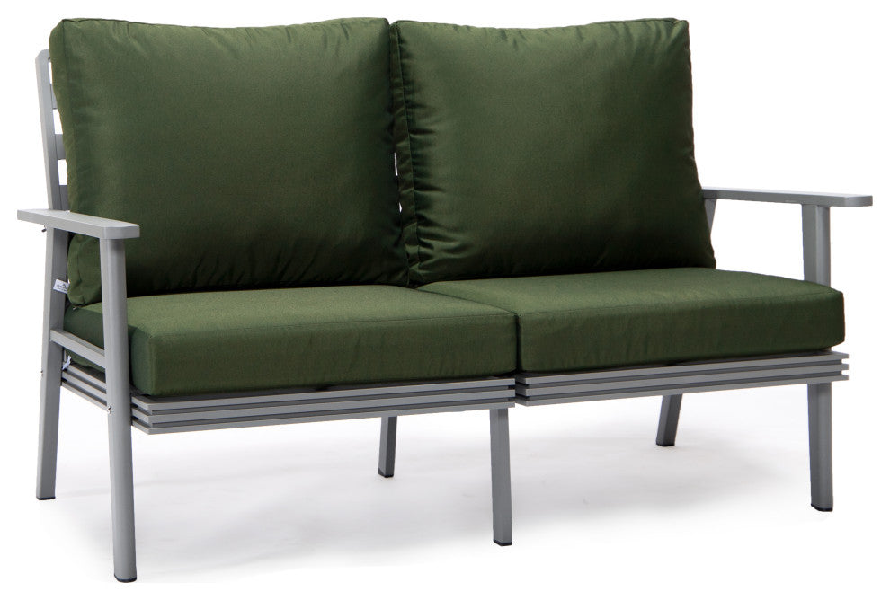 LeisureMod Walbrooke Grey Patio Sofa Set With Square Fire Pit Table, Green