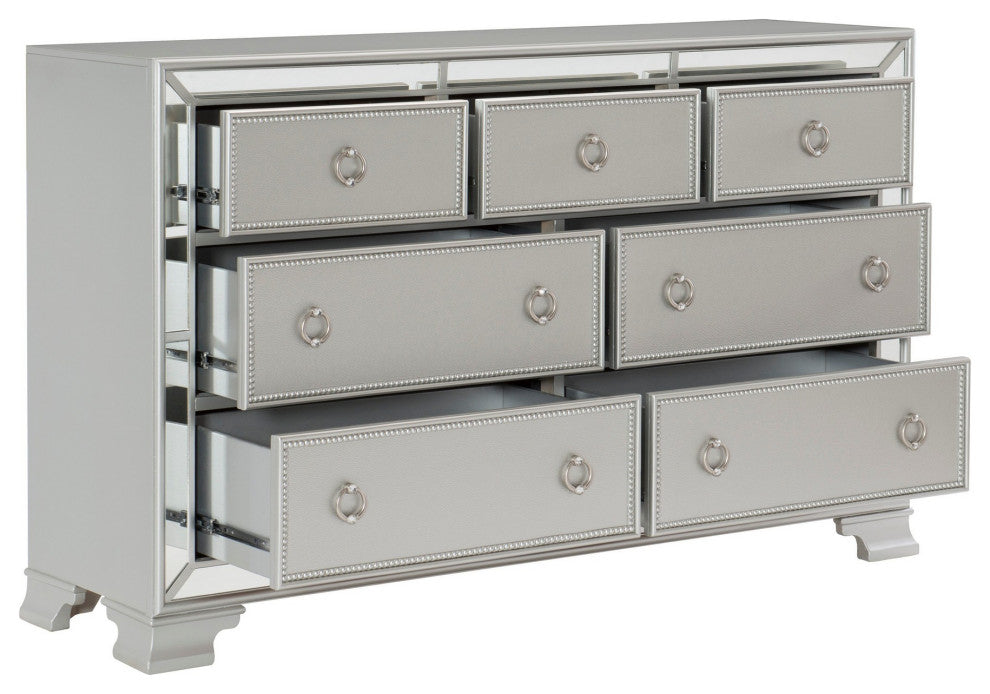 Benzara BM219008 7 Drawer Wooden Dresser With Mirror Trim and Ring Pulls, Silver