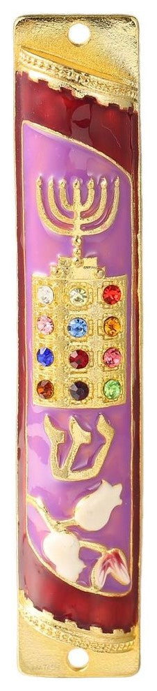 Hand Painted Enamel Mezuzah Embellished With a Menorah and Priestly Breastplate