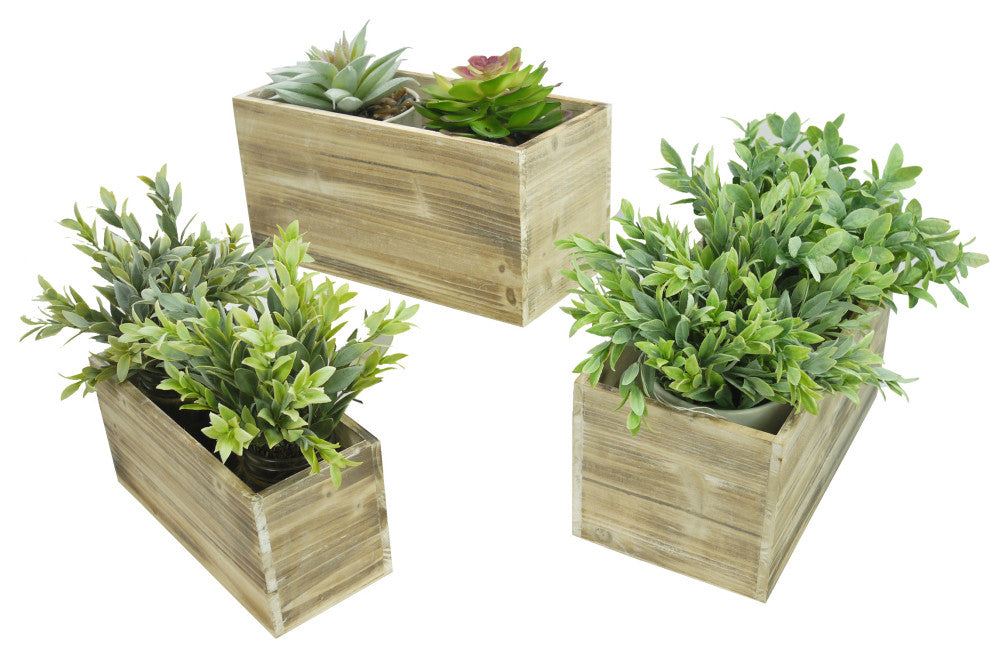 Set Of 3, Wood Rustic Rectangular Boxes Planter, White