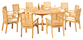 11-Piece Outdoor Teak Dining Set: 72" Round Table, 10 Hari Stacking Arm Chairs