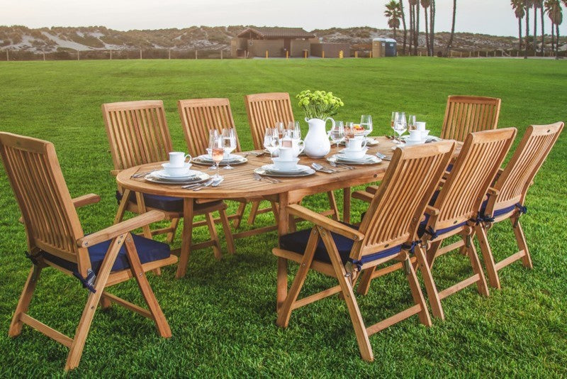 9-Piece Outdoor Teak Dining Set, 94" Extension Oval Table, 8 Marley Arm Chairs
