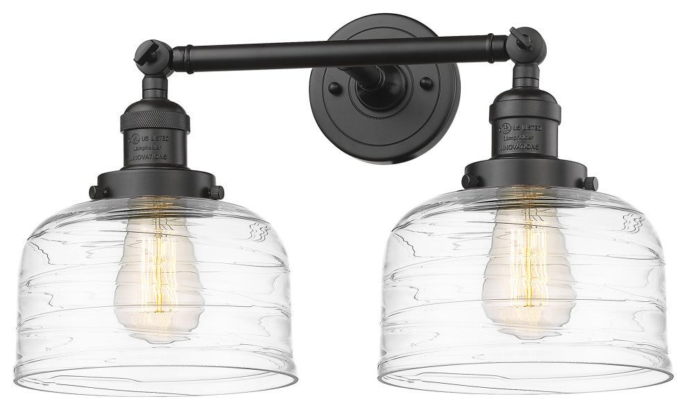 Large Bell 2 Light Bath Vanity Light, Oil Rubbed Bronze, Clear Deco Swirl