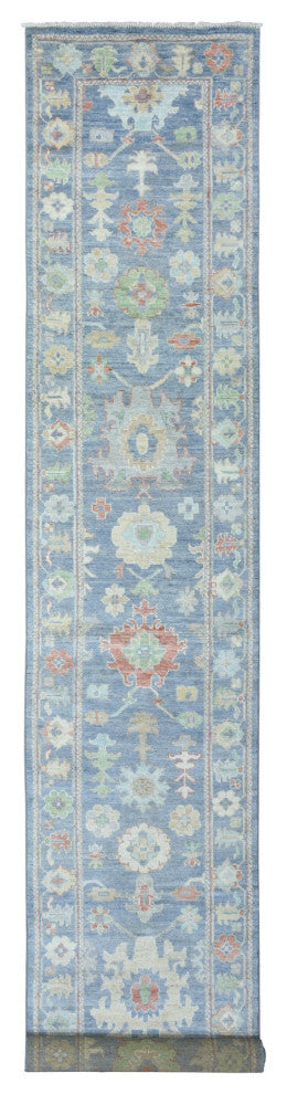 Light Blue Soft Wool Hand Knotted Afghan Angora Oushak XL Runner Rug 2'7"x15'10"