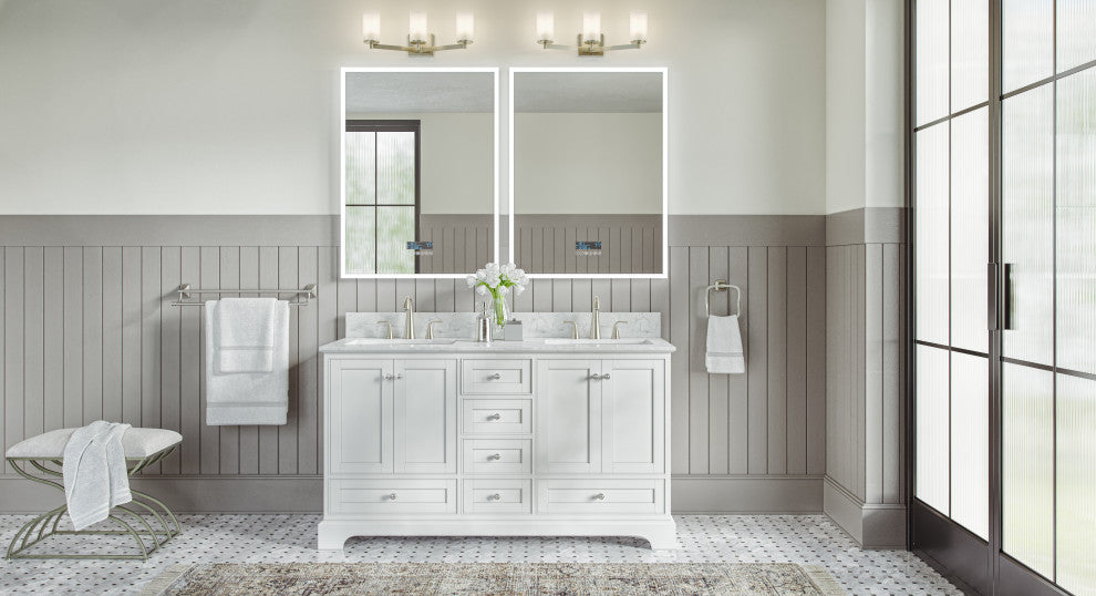 Cascade Bath Vanity, White, 60", Brushed Nickel Hardware, Double, Freestanding