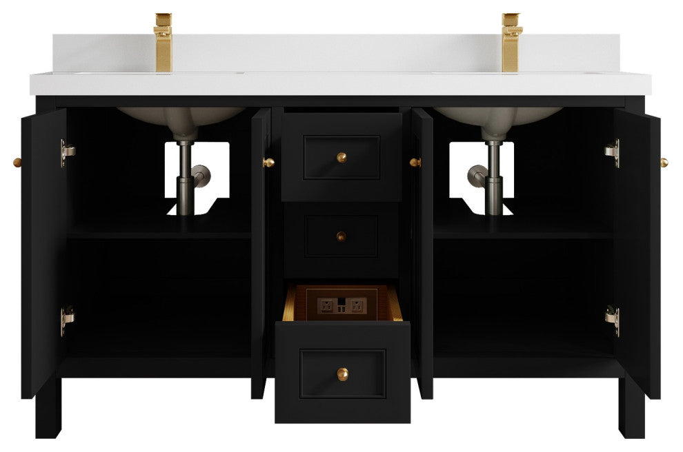 Nashville 60" Double Bathroom Vanity, Black 2" White Quartz