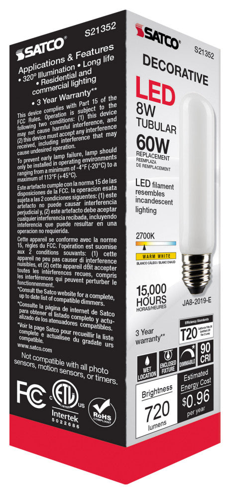 8W T10 LED, Frost, Medium Base, 90 CRI, 2700K, 120V