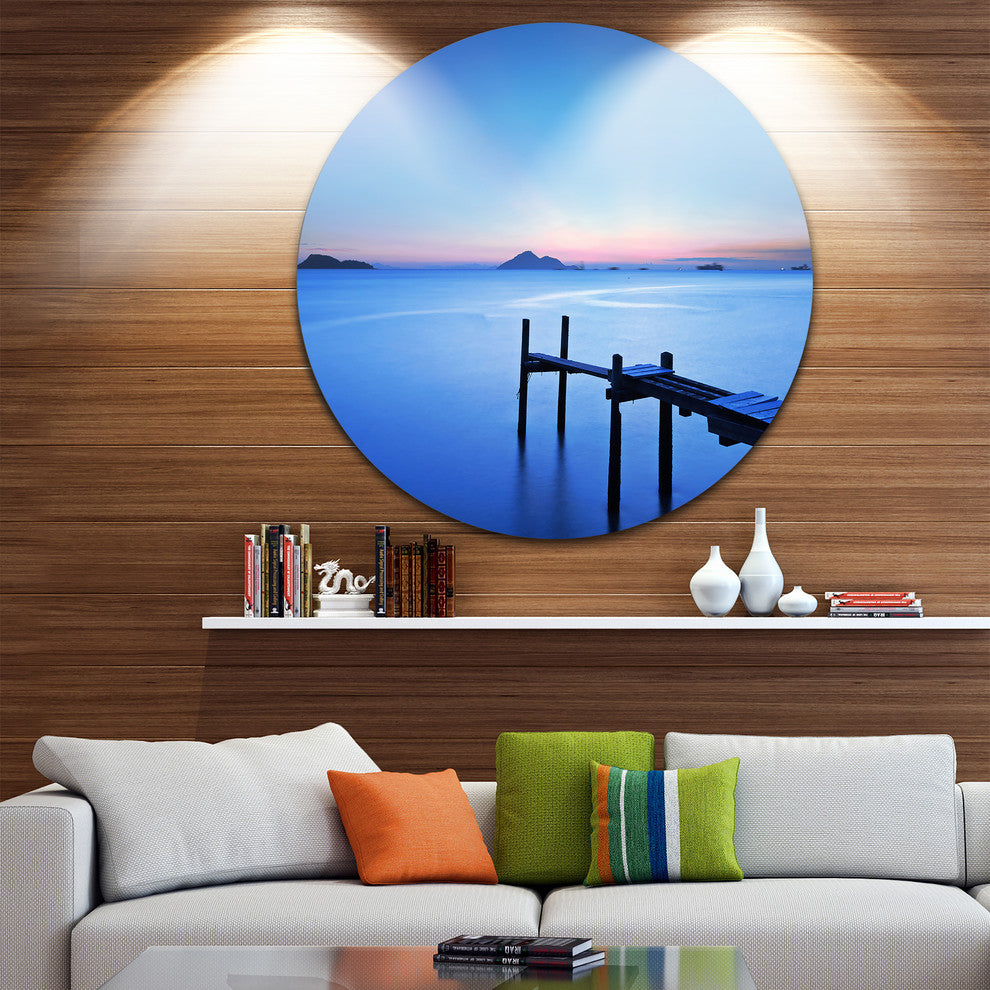 Wooden Pier In Blue Sea, Seascape Photo Large Disc Metal Wall Art, 36"